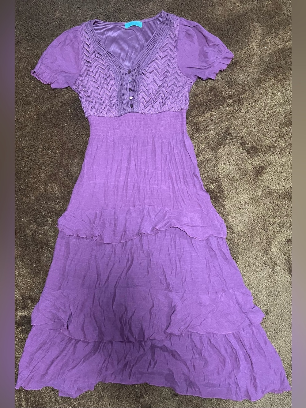 Girls Dark Purple Tiered Short-Sleeve Knit Dress with Button V-Neck